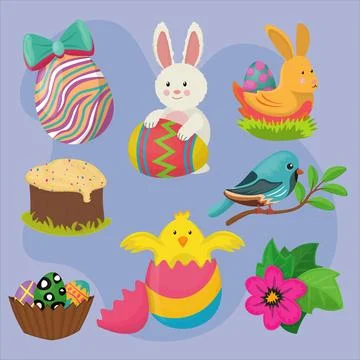 Set of happy easter holiday with elements of eggs, rabbits, easter cake, flower Illustrazione stock