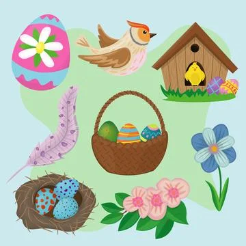 Set of happy easter holiday with elements of egg, bird, chick, nest and flowers Stock Illustration