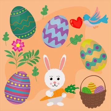 Set of happy easter holiday with elements of eggs, holiday rabbit holding a Illustrazione stock