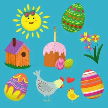 Set of happy easter holiday with elements of eggs, easter cake, flowers Illustrazione stock