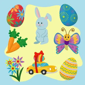 Set of happy easter holiday with elements of eggs, flowers, butterfly, carrots Stockillustratie