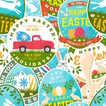 Set of happy easter holidays colorful seamless pattern with easter rabbit and Stock Illustration