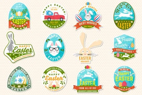 Set of happy easter holidays sticker, patch. Vector. Typography design with Illustrazione stock