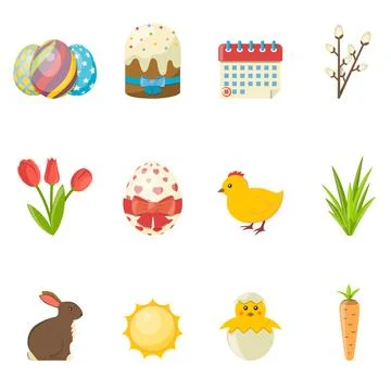 Set of Happy Easter icons. Vector flat Illustration Stock Illustration