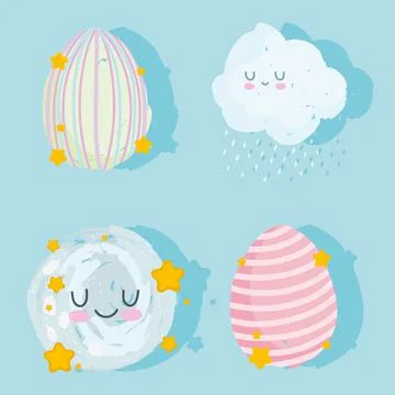Set happy easter painted eggs cloud moon cartoon cute Illustrazione stock