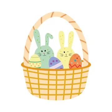 A Set of Happy Easter Vector Props: Easter Eggs, Basket, Chocolate Bunny, Hea 스톡 일러스트