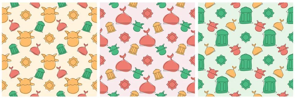 Set of Happy Eid Al Adha Mubarak Seamless Pattern of Muslims Celebration wi.. Illustrazione stock