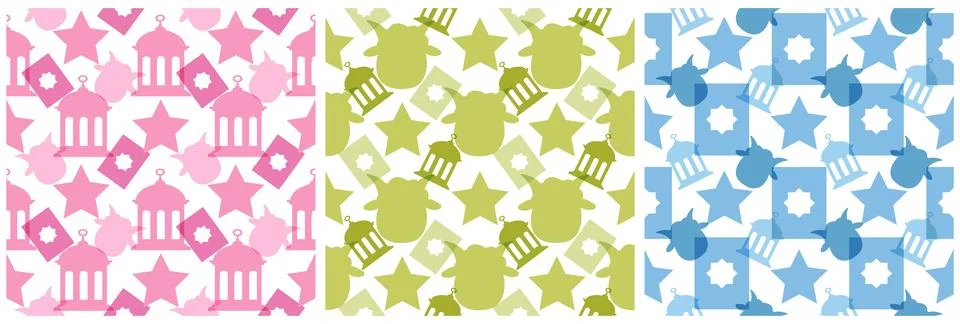 Set of Happy Eid Al Adha Mubarak Seamless Pattern of Muslims Celebration wi.. Illustrazione stock