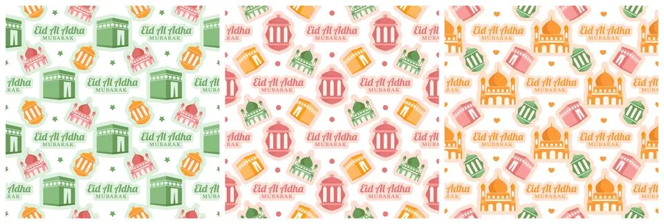 Set of Happy Eid Al Adha Mubarak Seamless Pattern of Muslims Celebration wi.. Stock Illustration