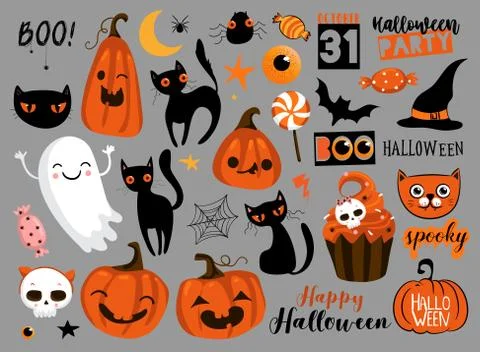 Set of Happy Halloween design elements. Halloween logos, badges, labels, icon Stock Illustration