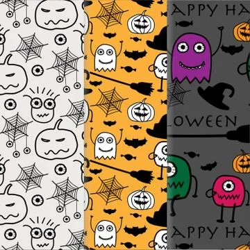 Set of Happy Halloween Pattern Vector Set. Hand Drawn Vector Illustration. Stock Illustration