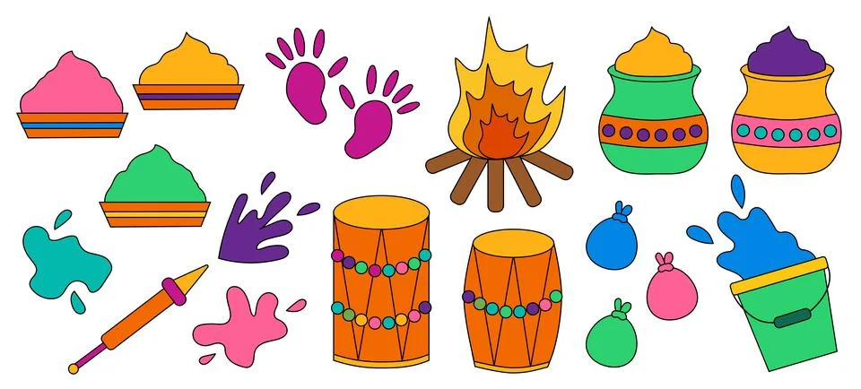 Set of Happy Holi elements. Celebration of Indian festival of love and color. Stock Illustration