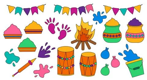 Set of Happy Holi elements. Indian festival of love and color. Stock Illustration