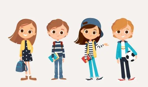 Set of happy kids in different clothes. Cartoon characters Stock Illustration