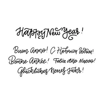 Set of happy new year in different languages - English, Spanish, Russian, Ger Stock Illustration