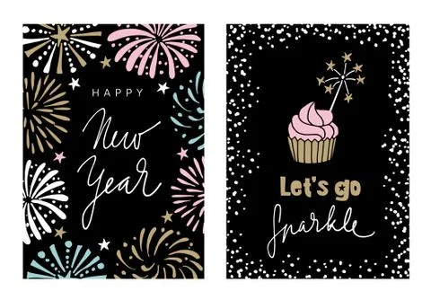 Set of Happy New Year greeting cards, party invitations with hand drawn Stock Illustration