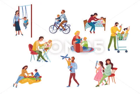 Set of happy parents and children spend time together. Vector ...