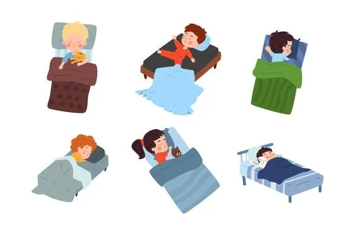 Set of happy sleeping children in different poses flat style Illustrazione stock