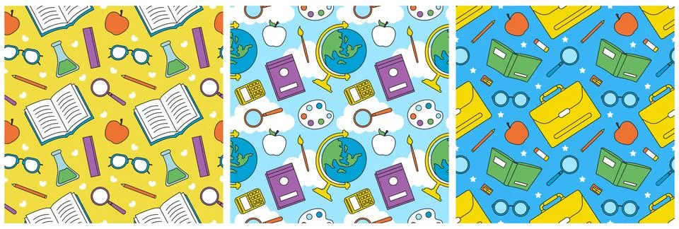 Set of Happy Teacher Seamless Pattern Design Educational Style Elements in .. 库存插图