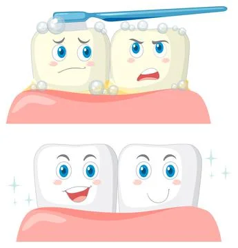 Set happy tooth brushing itself with a toothpaste on white background Illustrazione stock