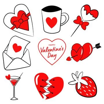 Set of happy valentines day elements heart cocktail, envelope and candy Stockillustratie