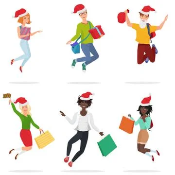 Set of happy young multi ethic people jumping, dancing with gift boxes and Stock Illustration