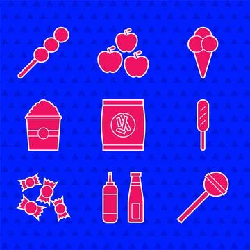 Set Hard bread chucks crackers, Sauce bottle, Lollipop, Corn dog, Candy, Popcorn Stock Illustration