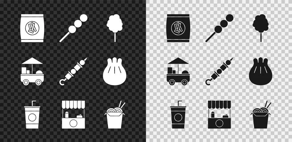 Set Hard bread chucks crackers, Cotton candy, Paper glass with straw, Street 스톡 일러스트