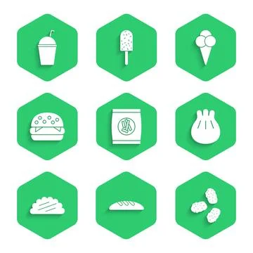 Set Hard bread chucks crackers, Bread loaf, Chicken nuggets, Khinkali on cutting Stockillustratie