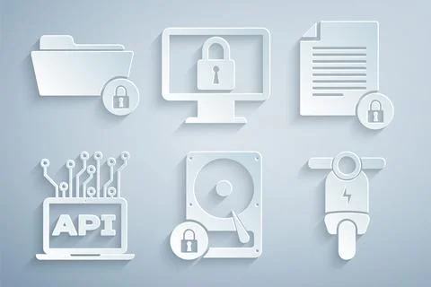 Set Hard disk drive and lock, Document, Computer api interface, Electric scooter 스톡 일러스트