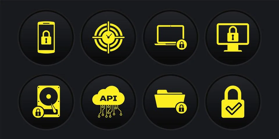 Set Hard disk drive and lock, Lock on monitor, Cloud api interface, Folder Illustrazione stock