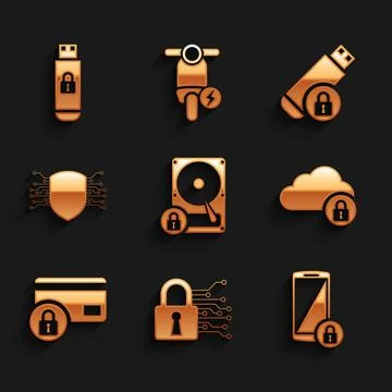 Set Hard disk drive and lock, Cyber security, Smartphone with, Cloud computing Stock Illustration