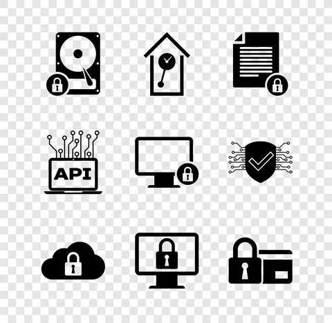 Set Hard disk drive and lock, Retro wall watch, Document, Cloud computing, Lock Stock Illustration