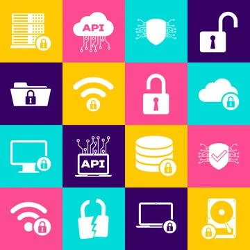 Set Hard disk drive and lock, Cyber security, Cloud computing, , Wifi locke.. Illustrazione stock