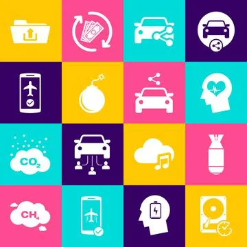 Set Hard disk drive with clockwise, Aviation bomb, Head heartbeat, Car sharing Stock Illustration