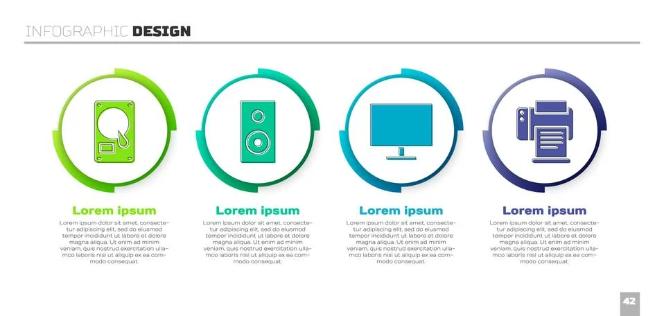 Set Hard disk drive HDD, Stereo speaker, Computer monitor screen and Printer Stock Illustration