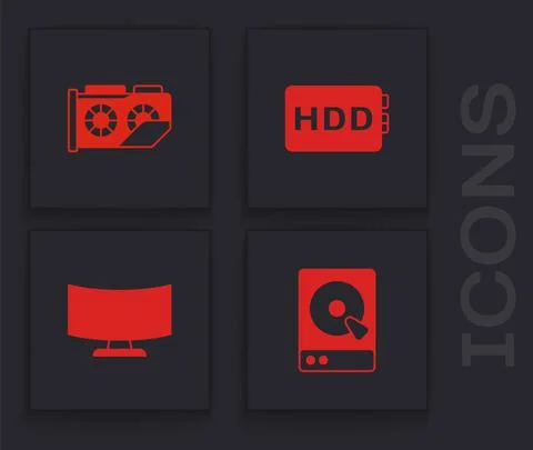 Set Hard disk drive HDD, Video graphic card, and Computer monitor screen icon 스톡 일러스트