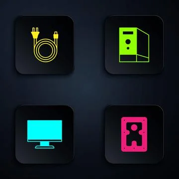 Set Hard disk drive HDD, Electric plug, Computer monitor screen and Case of Stock Illustration