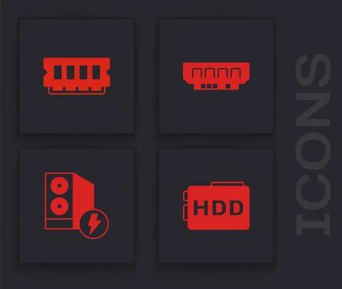 Set Hard disk drive HDD, RAM, random access memory, and Case of computer icon Stock Illustration