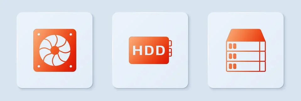 Set Hard disk drive HDD, Computer cooler and Server, Data, Web Hosting. White Stock Illustration