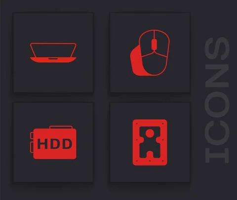 Set Hard disk drive HDD, Laptop, Computer mouse and icon. Vector Stock Illustration