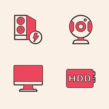 Set Hard disk drive HDD, Case of computer, Web camera and Computer monitor Stock Illustration