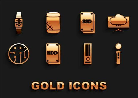 Set Hard disk drive HDD, Computer monitor screen, Gamepad, Video game console Stock Illustration