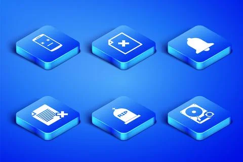 Set Hard disk drive HDD sync refresh, Dead mobile, Tombstone with RIP written Stock Illustration