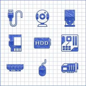 Set Hard disk drive HDD, Computer mouse, Video graphic card, Motherboard digital 스톡 일러스트