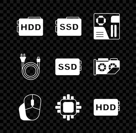 Set Hard disk drive HDD, SSD card, Motherboard digital chip, Computer mouse 스톡 일러스트