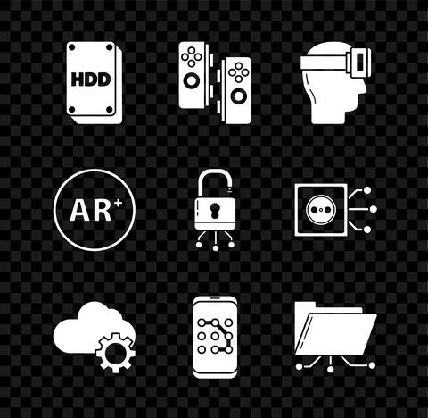 Set Hard disk drive HDD, Virtual reality glasses, Cloud technology data transfer Stock Illustration