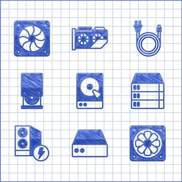 Set Hard disk drive HDD, Server, Data, Web Hosting, Computer cooler, Case of Illustrazione stock