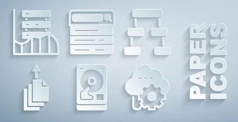 Set Hard disk drive HDD, Hierarchy organogram chart, Data export, Cloud Stock Illustration