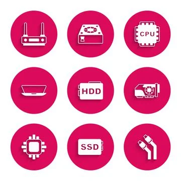 Set Hard disk drive HDD, SSD card, LAN cable network internet, Video graphic Stockillustratie